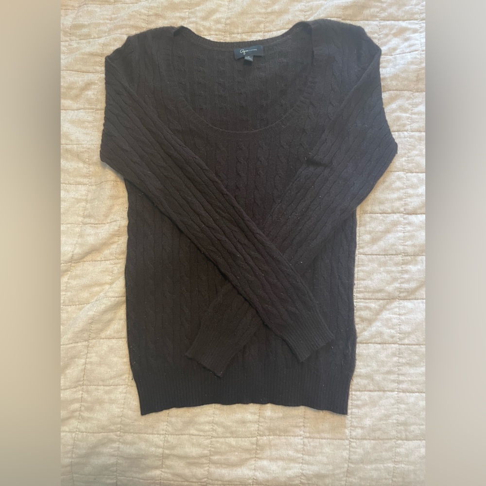 Aqua cashmere brown cable knit scoop neck sweater. Size M
